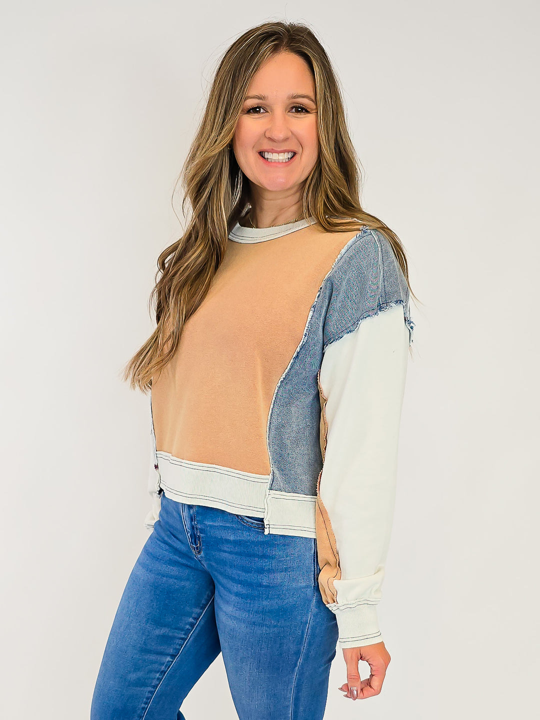 FRAYED COLOR BLOCK LONG SLEEVE PULLOVER - CINNAMON