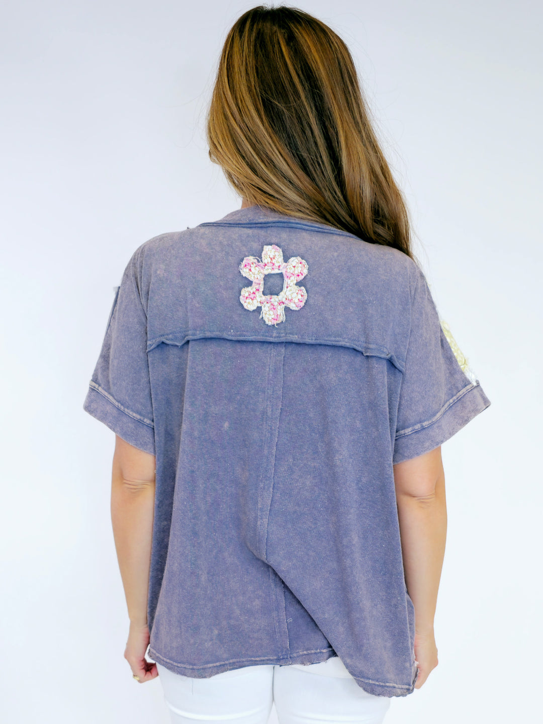 WASHED FLORAL PATCH OVERSIZED TOP - NAVY