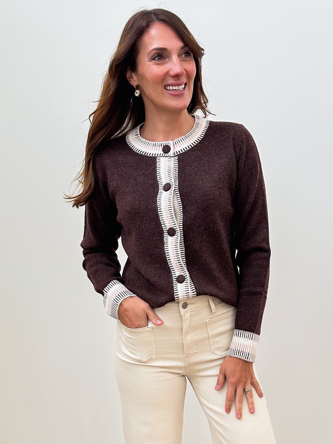 STRIPE CONTRAST RIB DETAIL CARDIGAN - COFFEE