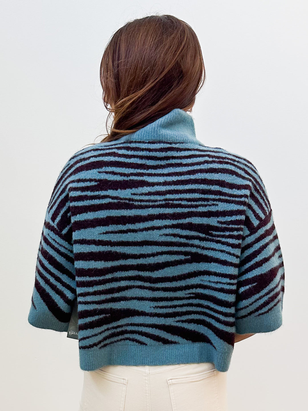 3/4 SLEEVE ANIMAL PRINT STAND NECK SWEATER - DUSTY BLUE
