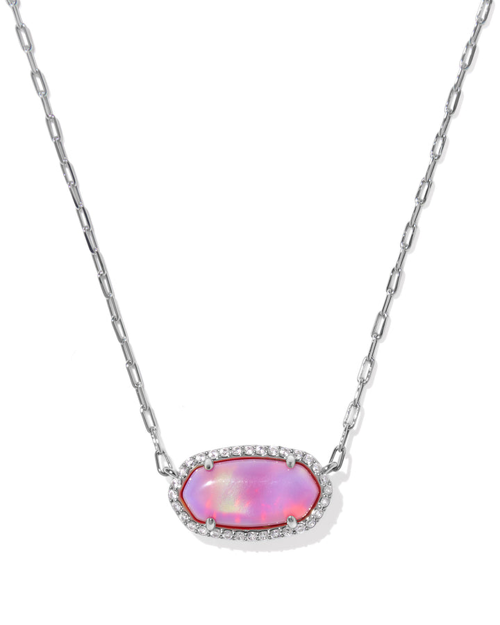 KENDRA SCOTT ELISA PAVE FRAME SHORT PENDANT NECKLACE - SILVER PINK OPALESCENT RESIN