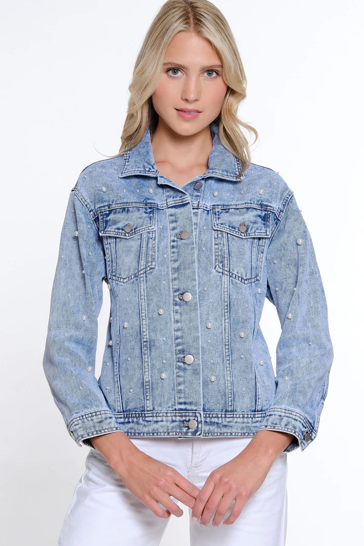 CUFFED L/S BUTTON FRONT OVERSIZED JEAN JACKET - LIGHT DEMIN W/PEARLS