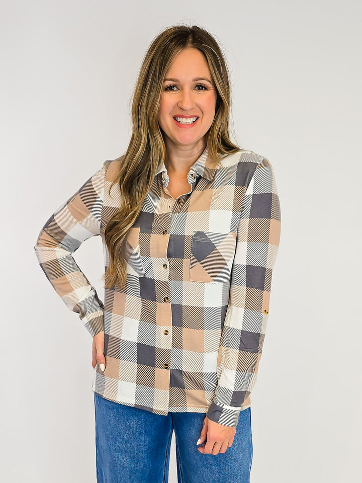 PLAID COLLARED SOFT BUTTON DOWN SHIRT - TAN/GREY