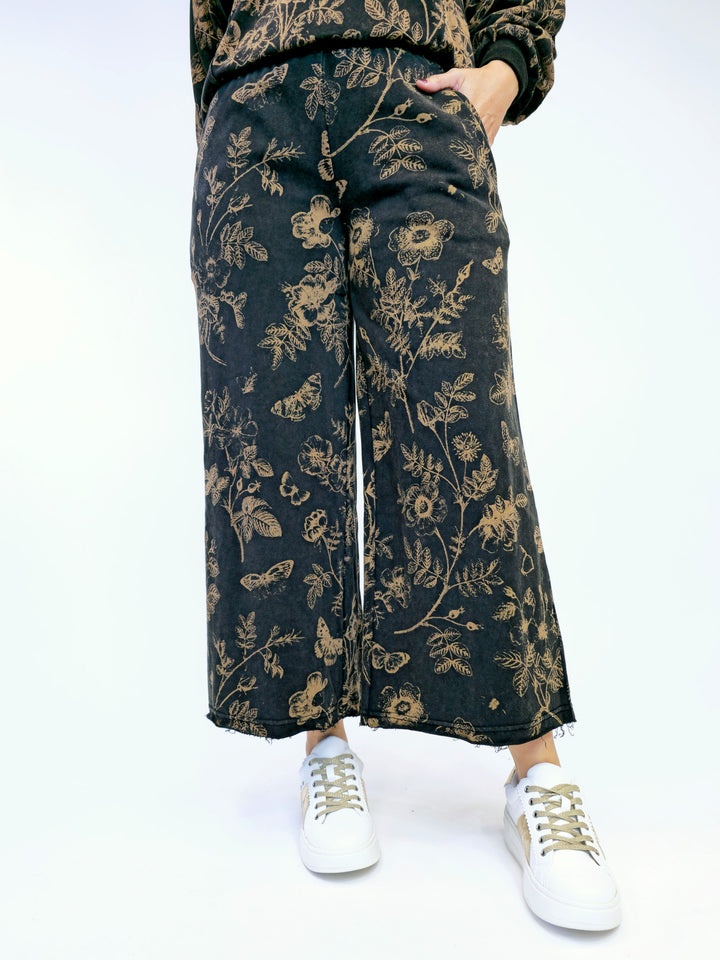 FRENCH TERRY FLORAL PRINT PANTS - ASH