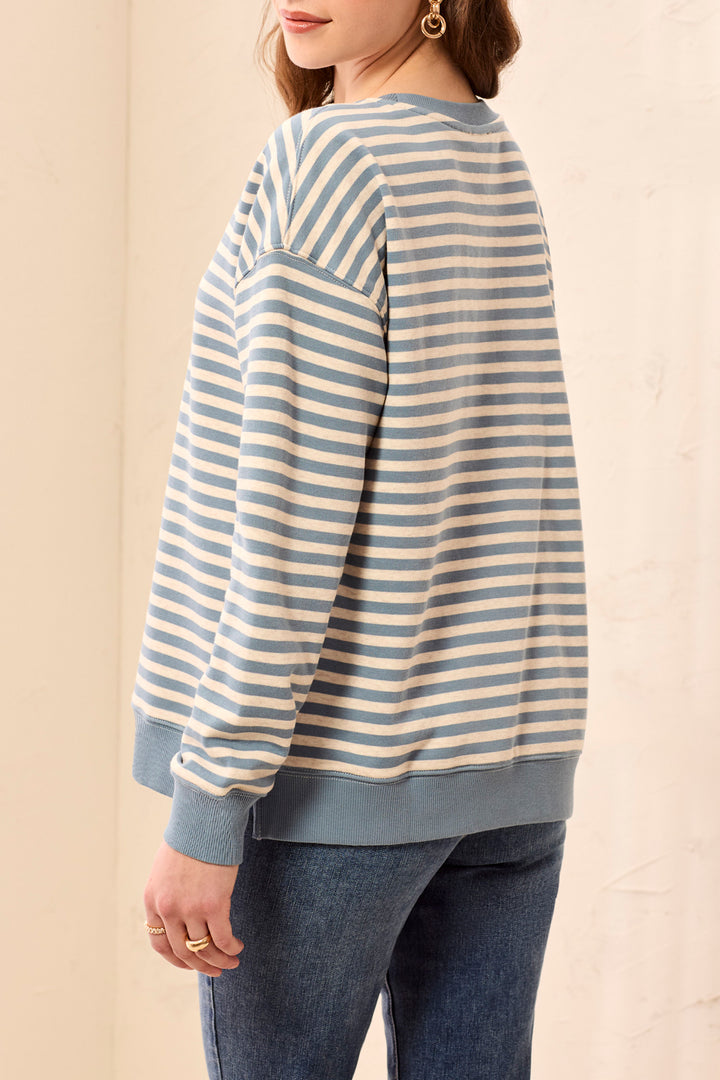LONG SLEEVE CREW NECK TOP WITH COMBO - BLUE FOG