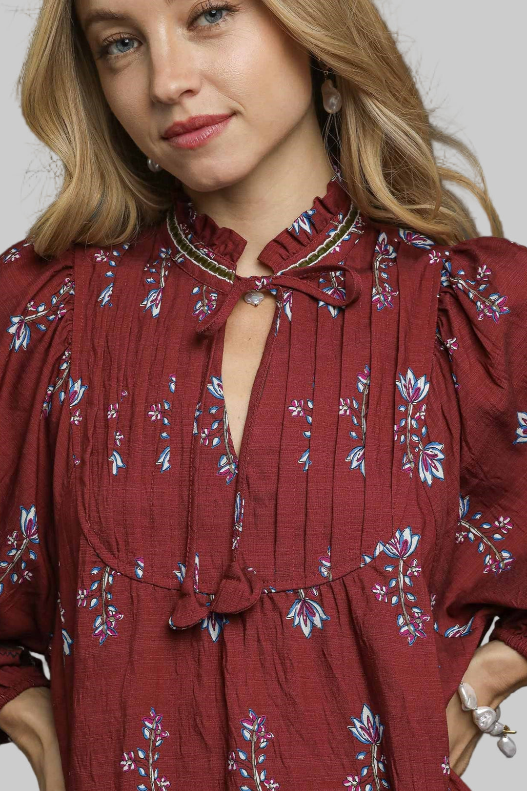 FLORAL PRINT RUFFLE SHORT DRESS - BURGUNDY