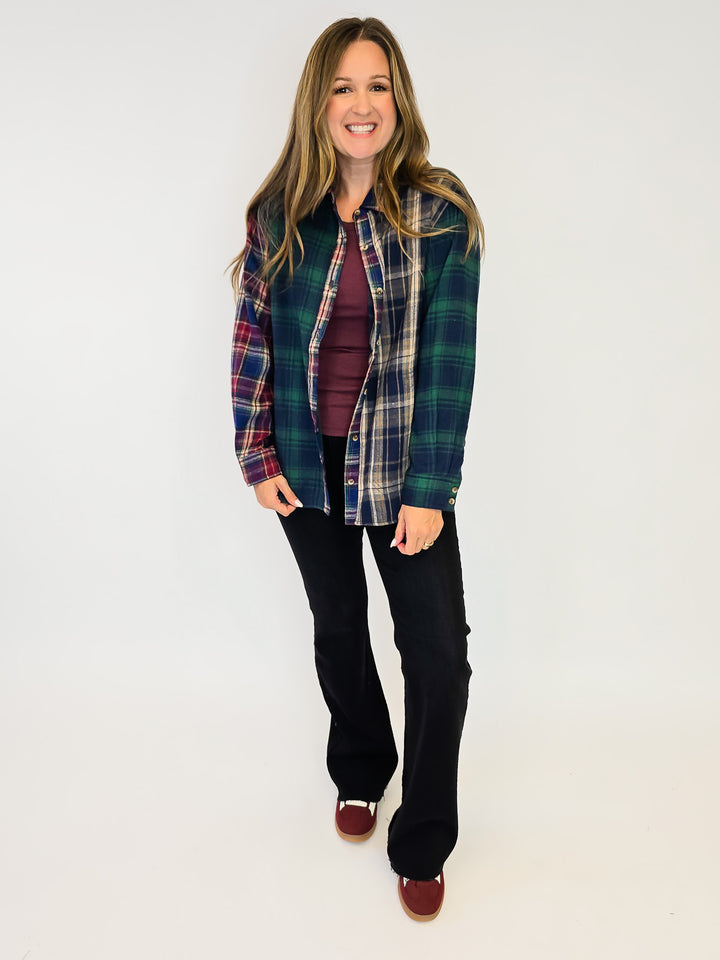 MIXED PLAID BUTTON DOWN SHIRT - NAVY MULTI