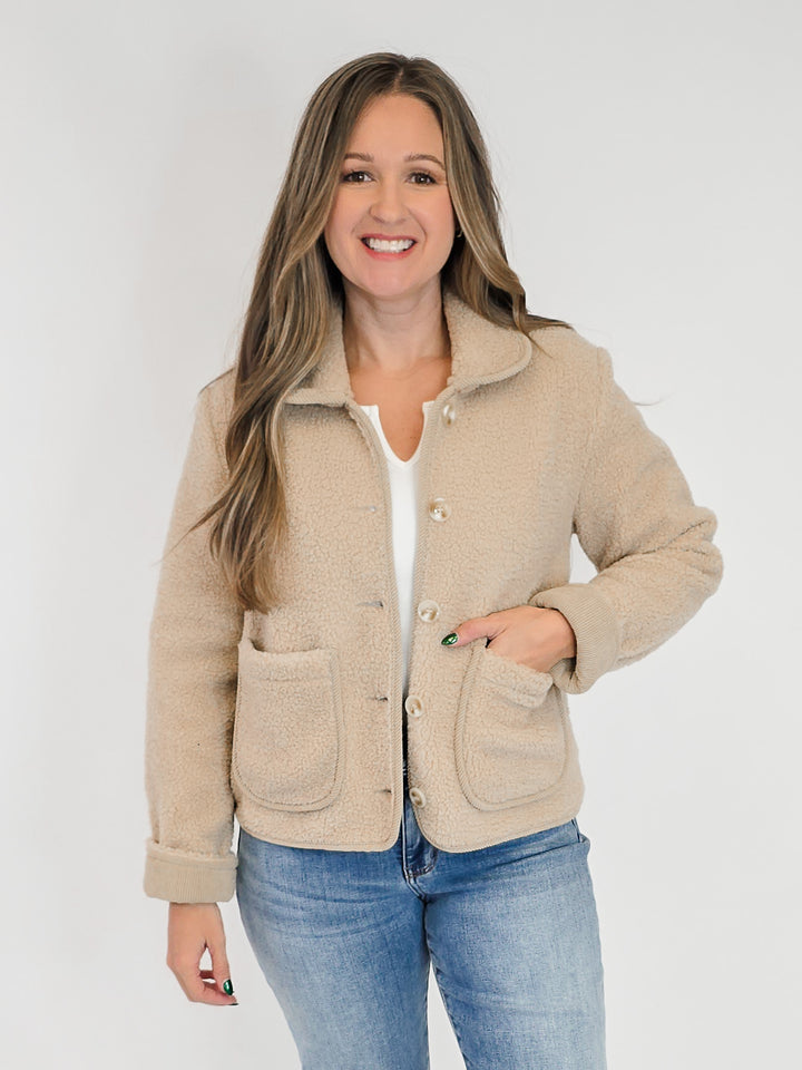 FLEECE SHERPA BUTTON UP JACKET - TAN