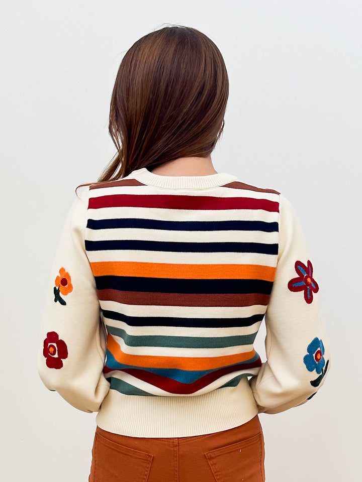 L/S CREW NECK FLORAL/STRIPE SWEATER - VANILLA