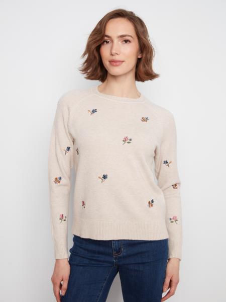 EMBROIDERED RAGLAN SLEEVE CREWNECK SWEATER - ALMOND