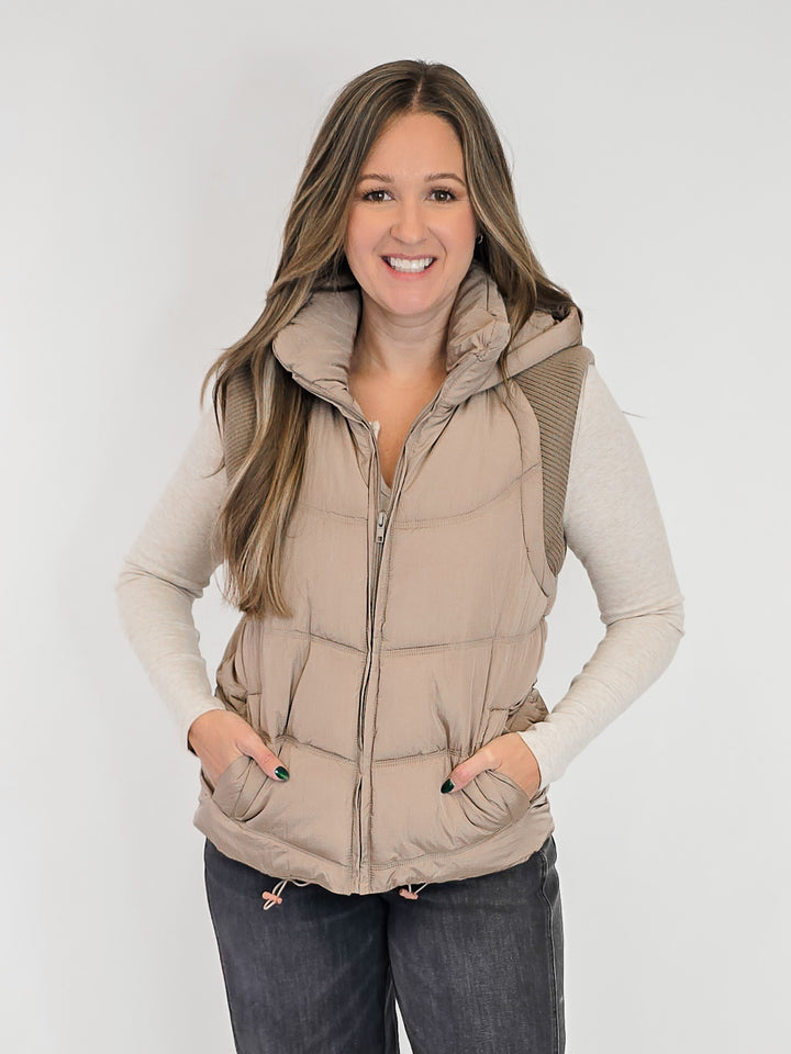 HOODED PUFFER VEST W/SWEATER RIB DETAIL - TAUPE