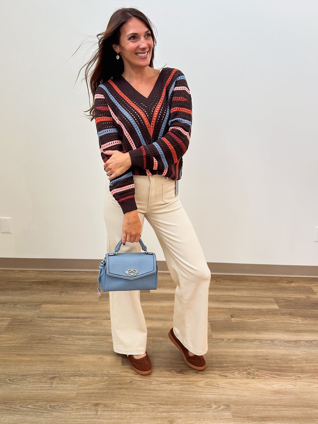 V-NECK STRIPED OPEN KNIT SWEATER - BROWN MULTI