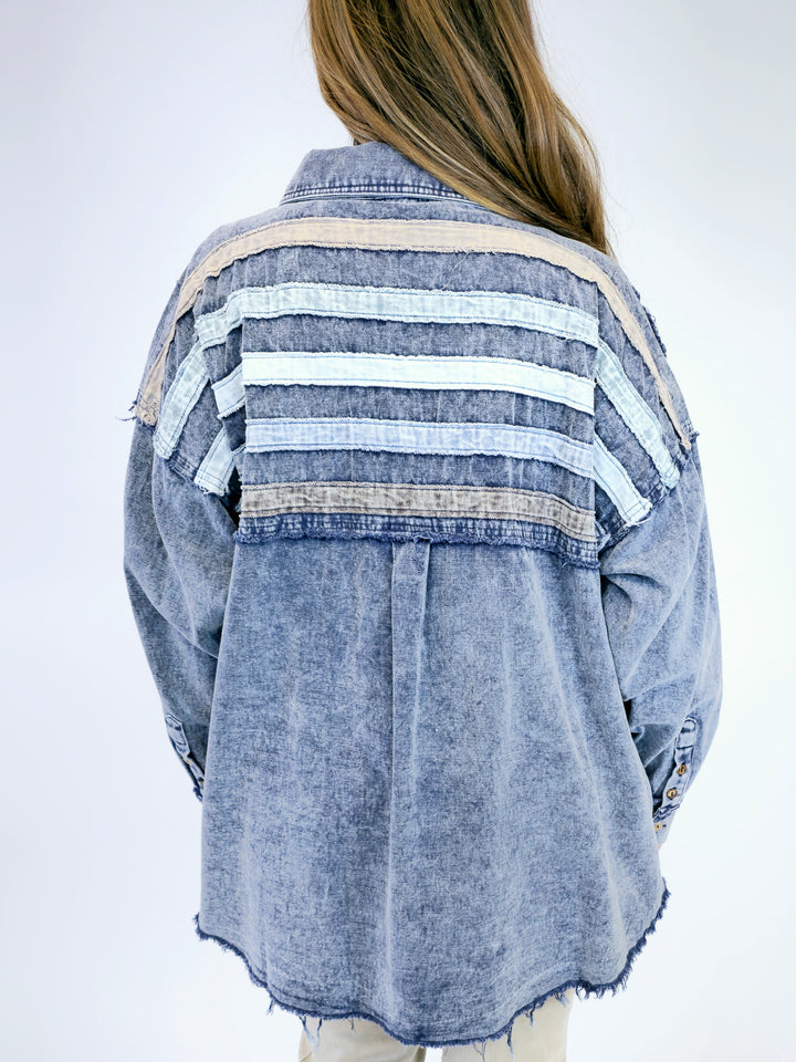 DENIM STRIPED BUTTON DOWN SHACKET - DENIM