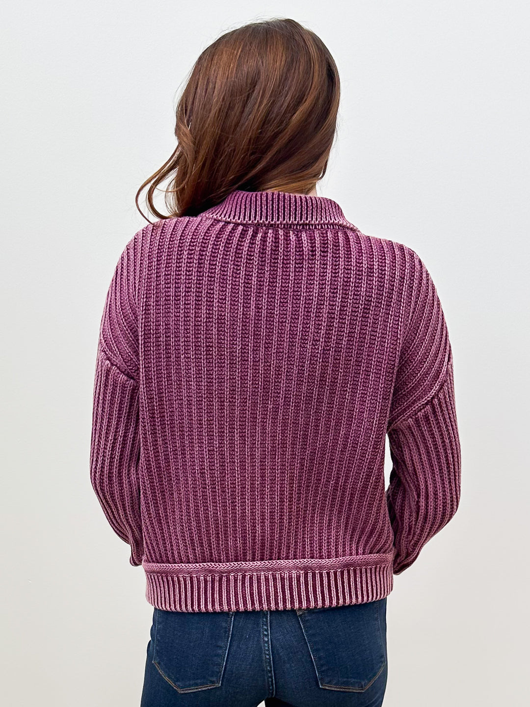 WASHED RIBBED ZIP-UP SWEATER - WASHED BURGUNDY