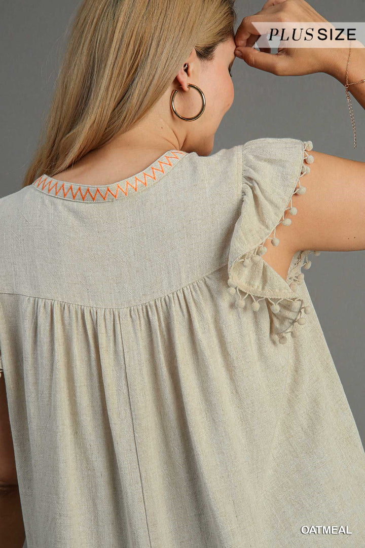 RUFFLE SLEEVE W/POM POM LINEN EMBROIDERED TOP - OATMEAL