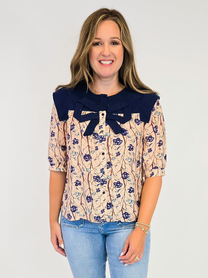 CONTRAST YOKE AND BOW FLORAL WOVEN TOP - NAVY