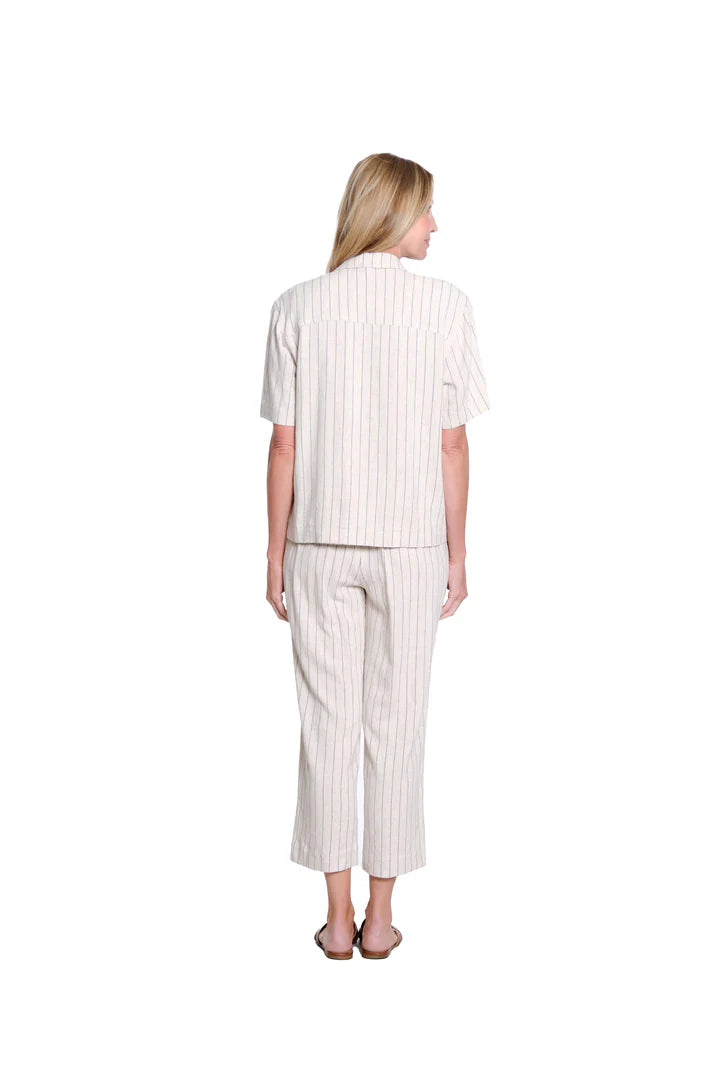 SHORT SLEEVE BUTTON FRONT JACKET - PINSTRIPE FLAX