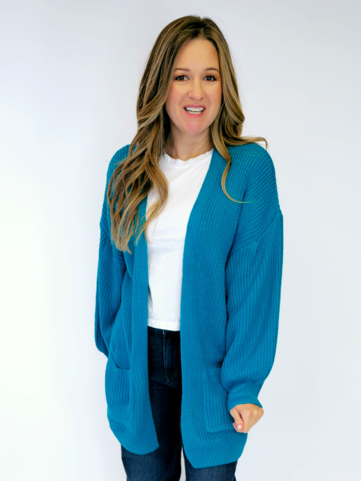 DROP SHOULDER LONG SLEEVE SWEATER CARDIGAN - EMERALD