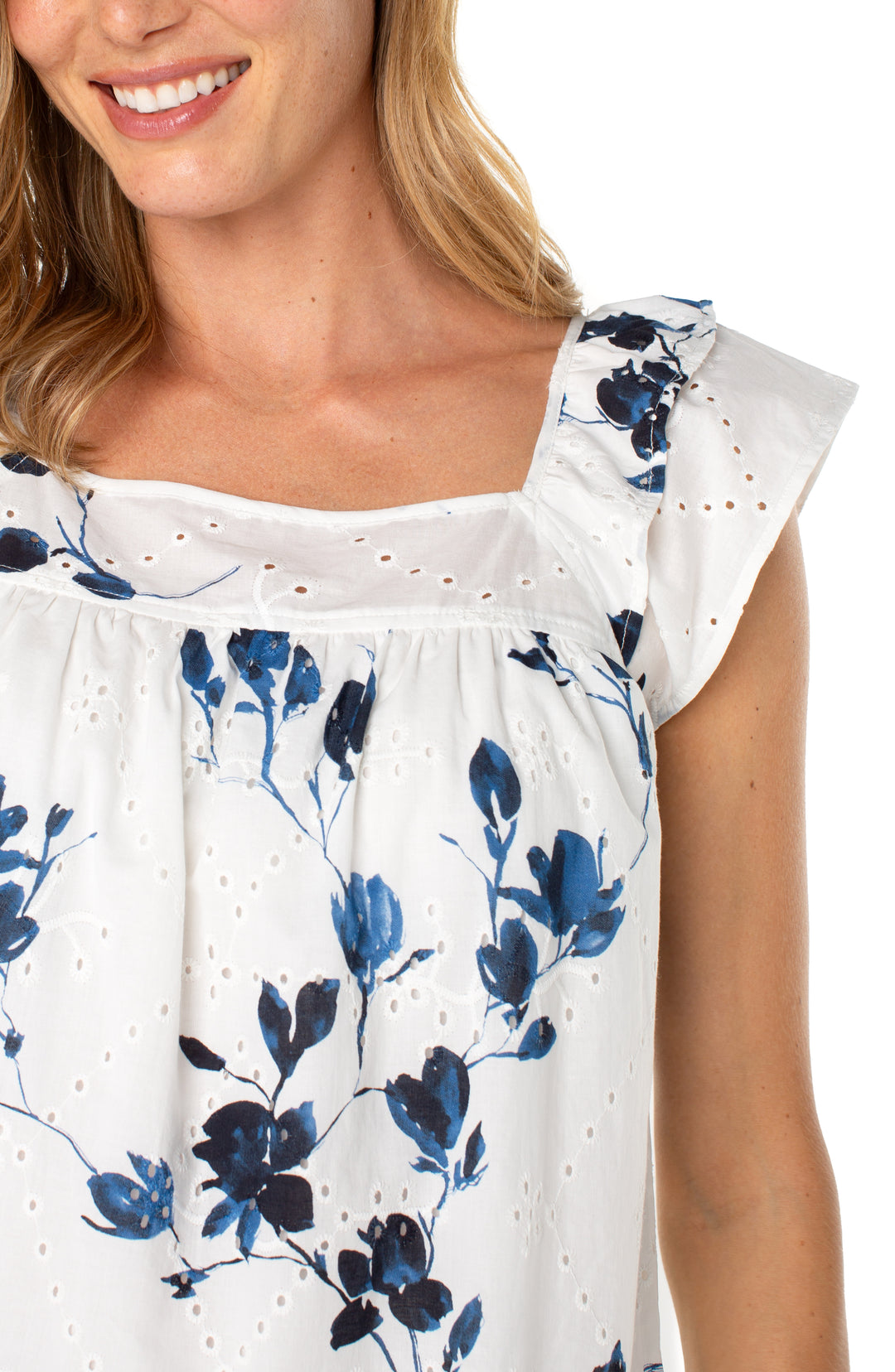 SHORT SLEEVE SQUARE NECK WOVEN BLOUSE - INDIGO ROSE