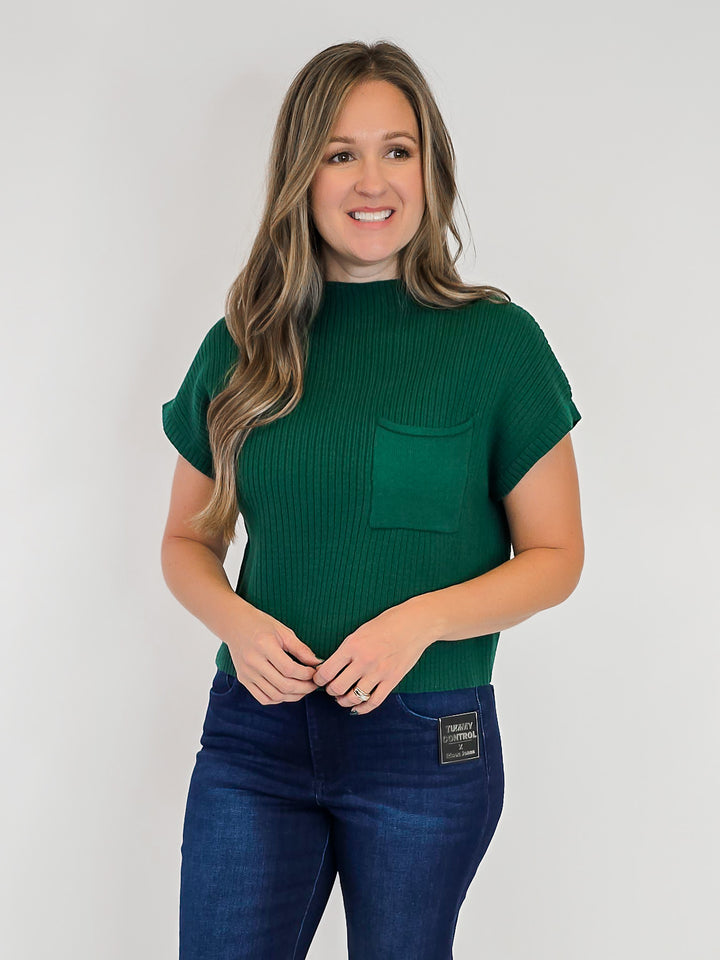 RIBBED MOCK NECK CAP SLEEVE SWEATER - HUNTER GREEN