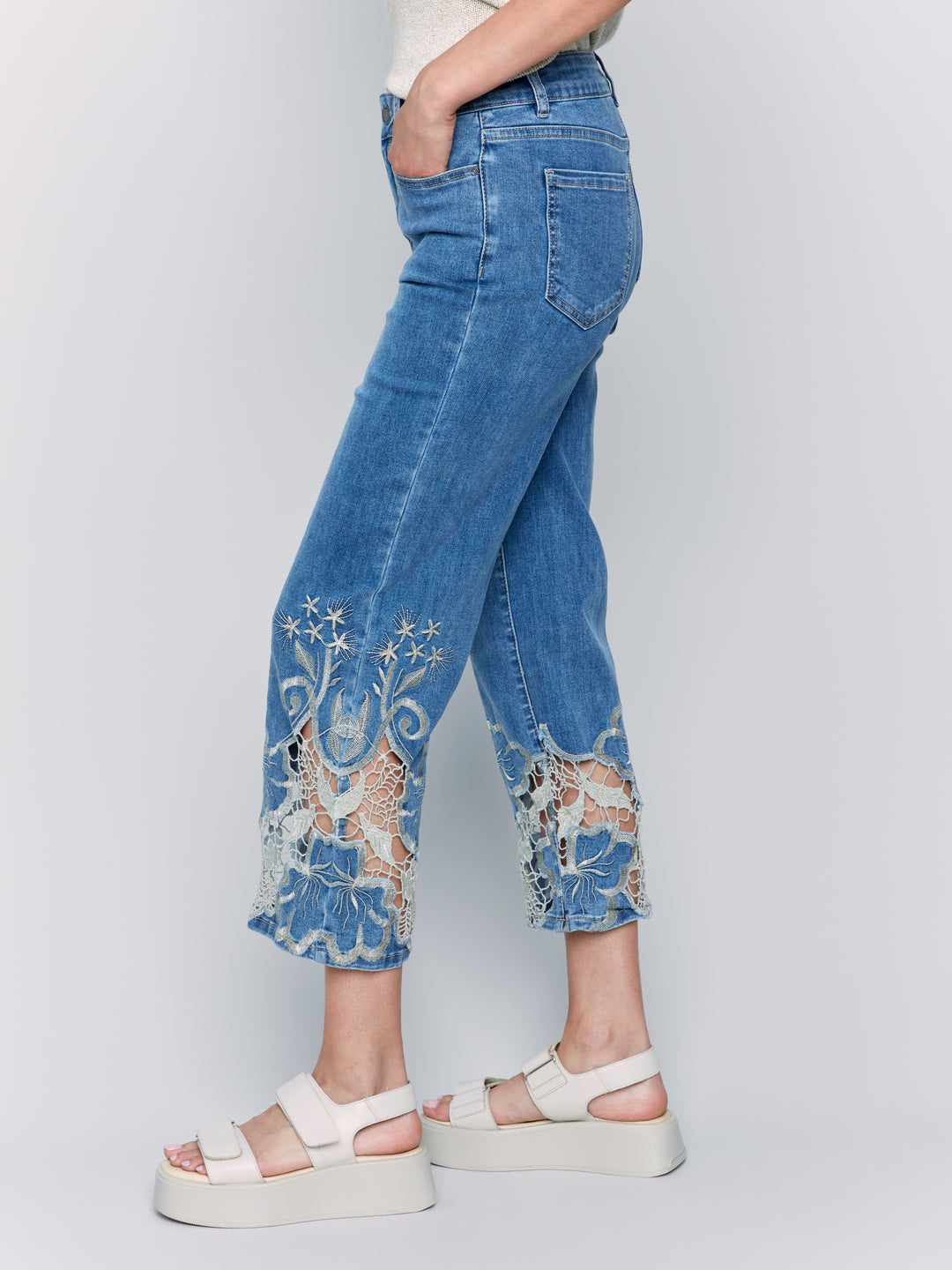 FLARE LEG PANT W/LASER CUT LACE HEM - MED BLUE