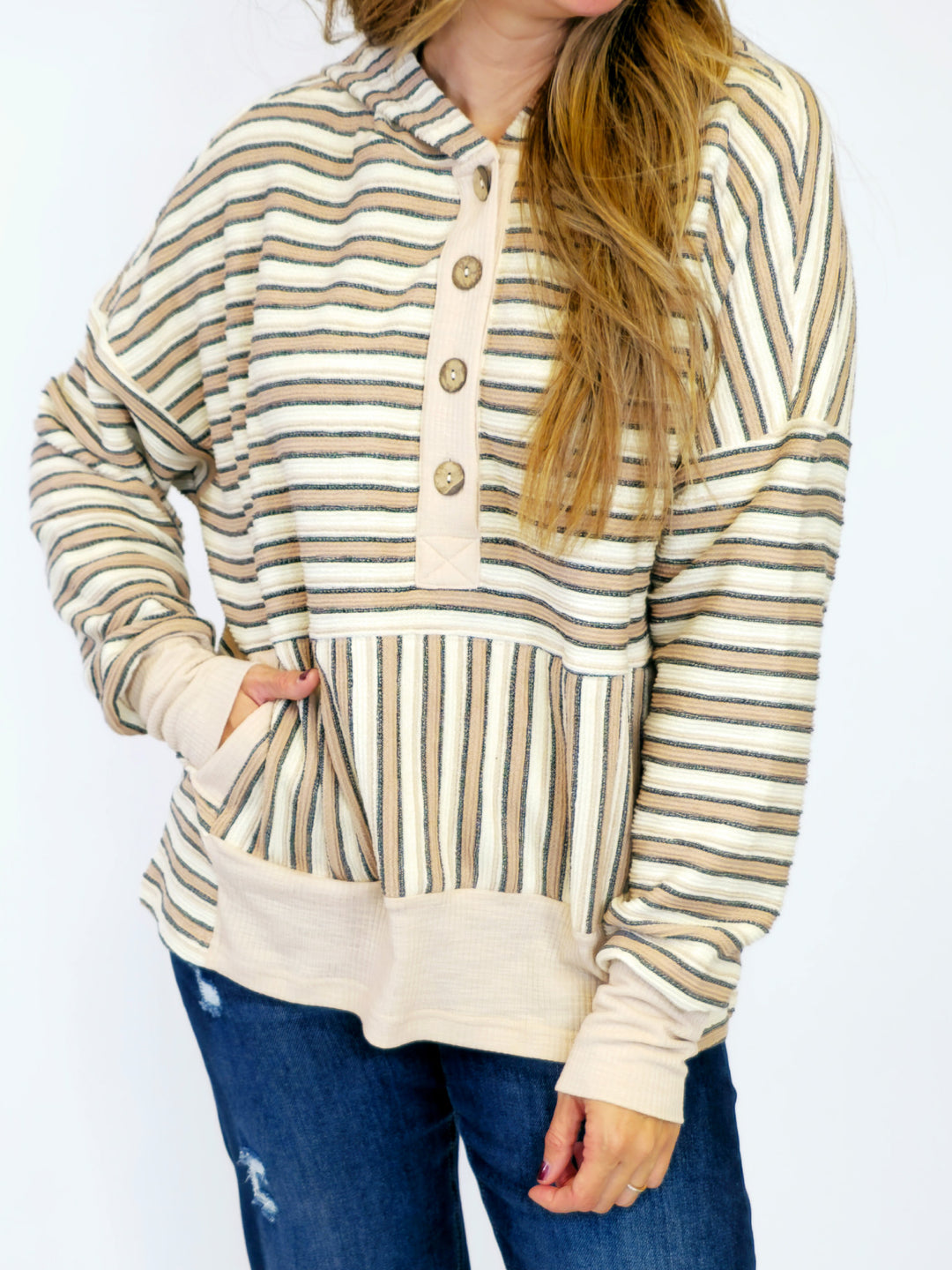 TEXTURED STRIPED JACQUARD HOODED SWEATSHIRT - IVORY