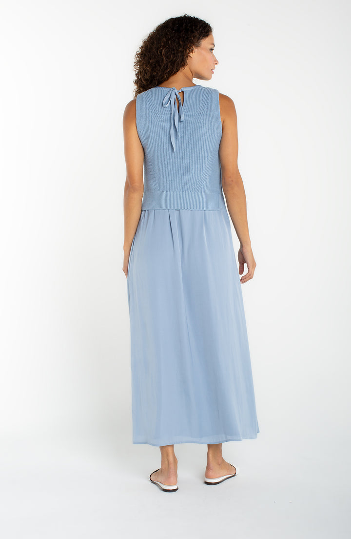 SLEEVELESS CREW NECK TIE BACK SWEATER WOVEN DRESS - MALIBU BLUE