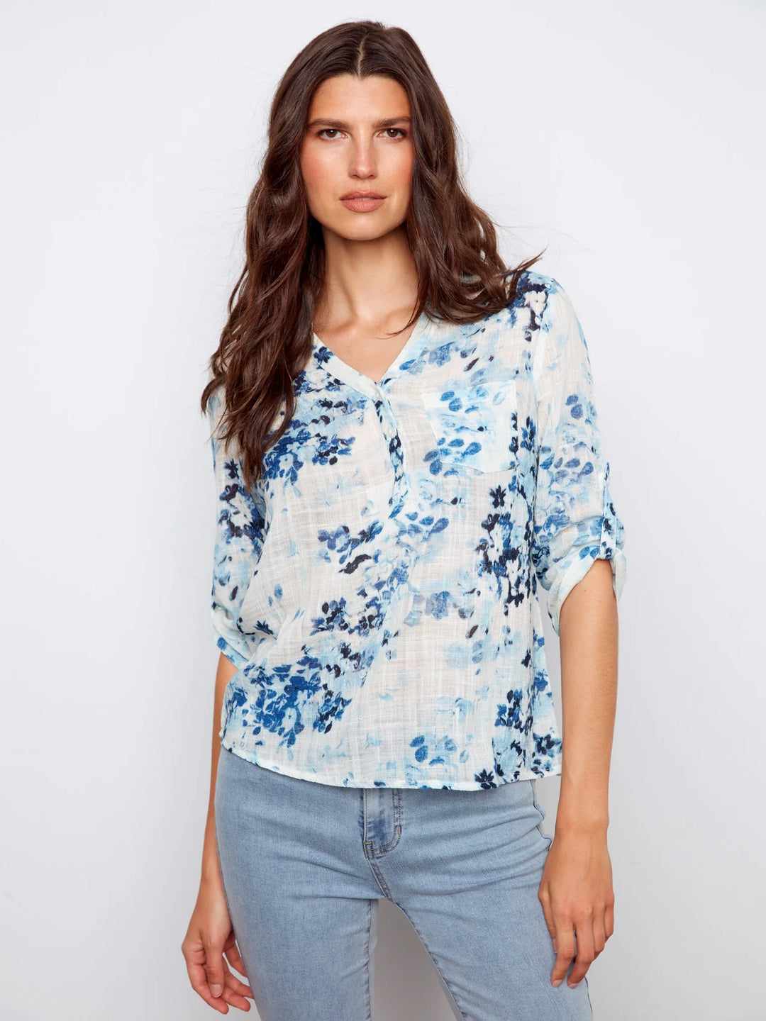 PRINTED ROLL UP SLEEVE COTTON GAUZE TOP - PRAIRIE MEADOW