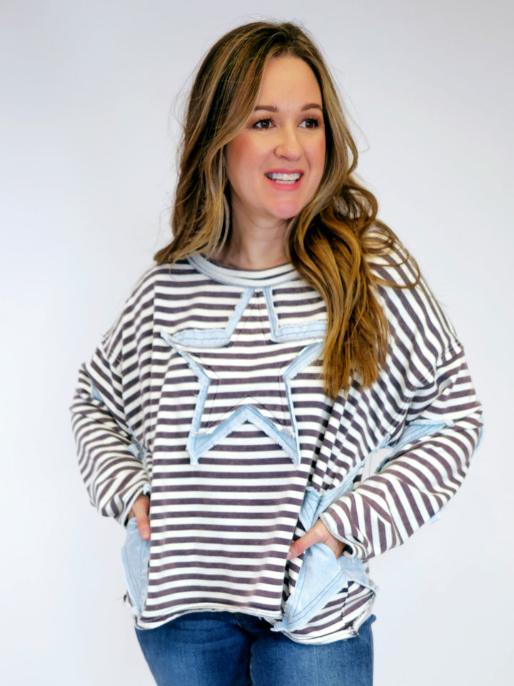 DENIM STAR PATCH STRIPED TOP - BLUE