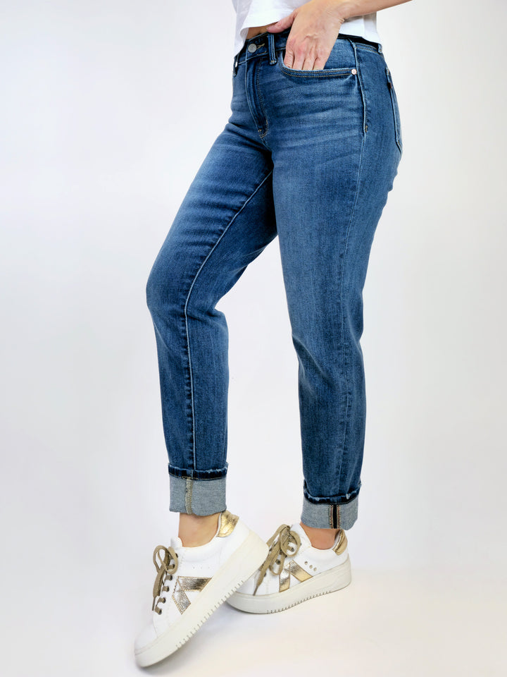 JUDY BLUE MIDRISE VINTAGE WASH W/CUFF BOYFRIEND JEANS - DARK