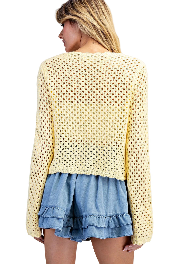 CROCHET OPEN KNIT SCALLOP TRIM SWEATER - BUTTER YELLOW