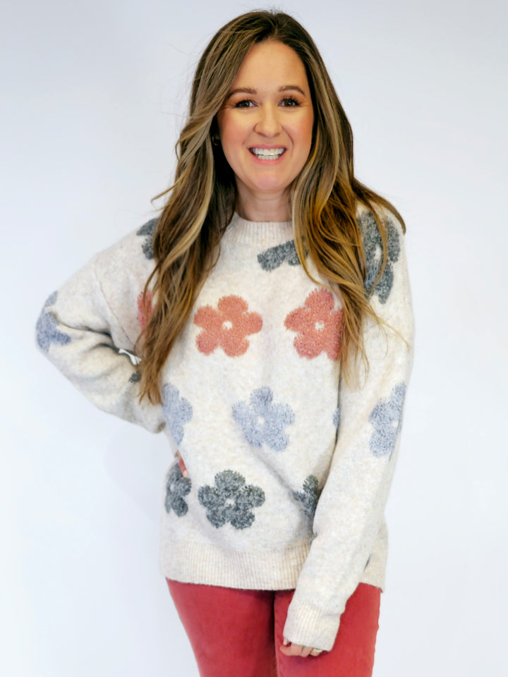 PUFF FLORAL SWEATER - BEIGE