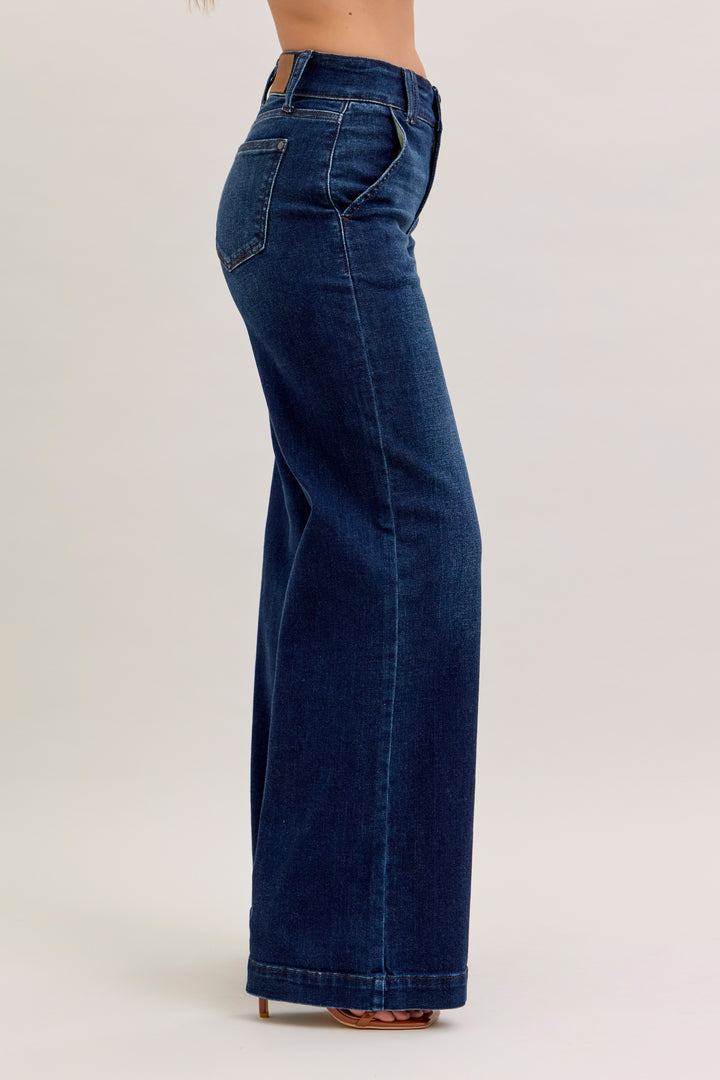 JUDY BLUE HIGH WAIST TROUSER WIDE LEG JEANS - 33" INSEAM - DARK