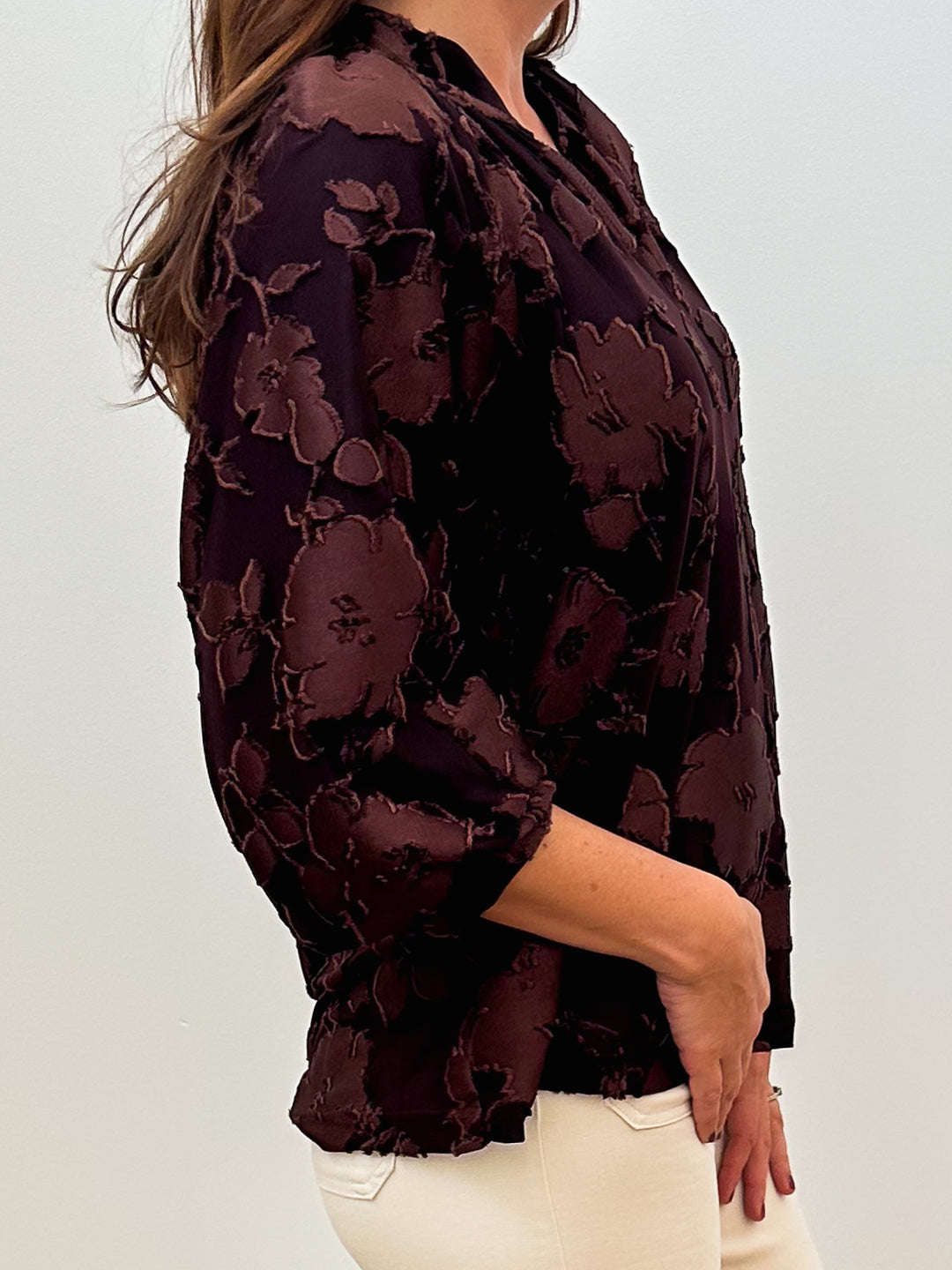 3/4 SLEEVE COLLARED VELVET BLOUSE - BROWN