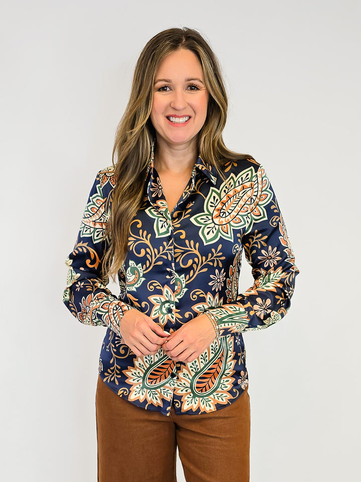 PAISLEY PRINT SILKY BUTTON DOWN BLOUSE - MIDNIGHT BLOOM