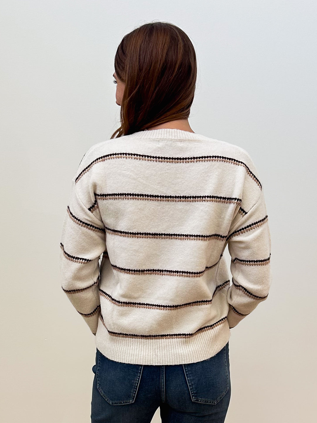 L/S STRIPED CREW NECK SWEATER - OATMEAL