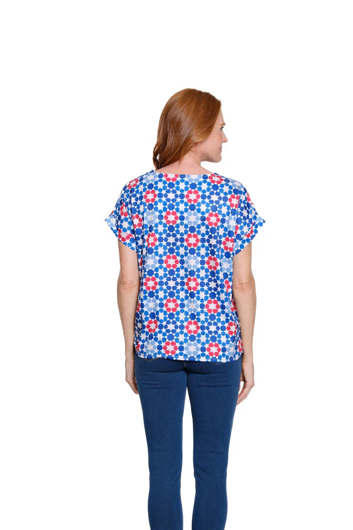 CUFFED S/S DOLMAN SCOOP NECK TIE WAIST TOP - STARS R/W/B