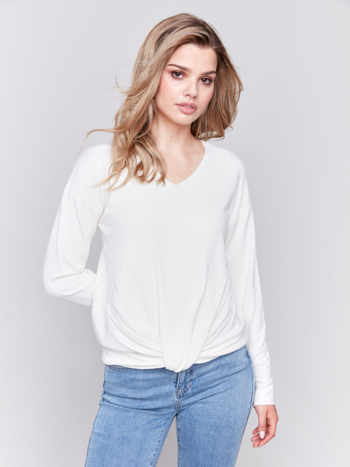 LONG SLEEVE V-NECK TOP WITH FRONT KNOT - ECRU