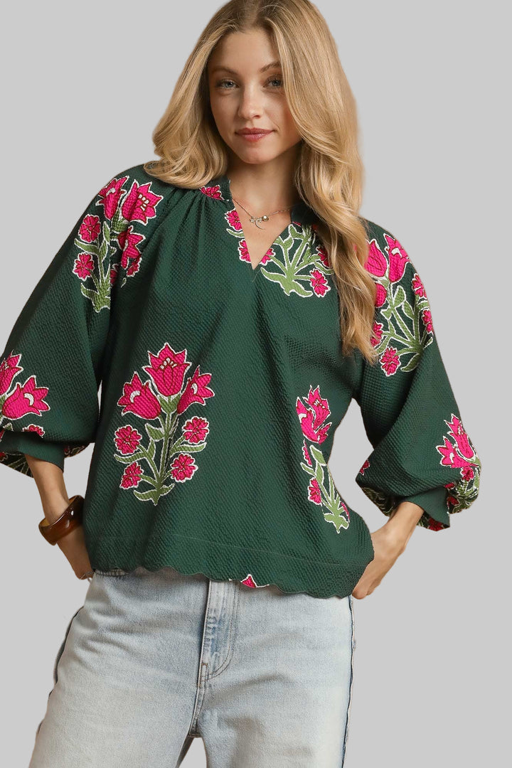 BUBBLE SLEEVE TULIP PRINT TOP - FOREST GREEN