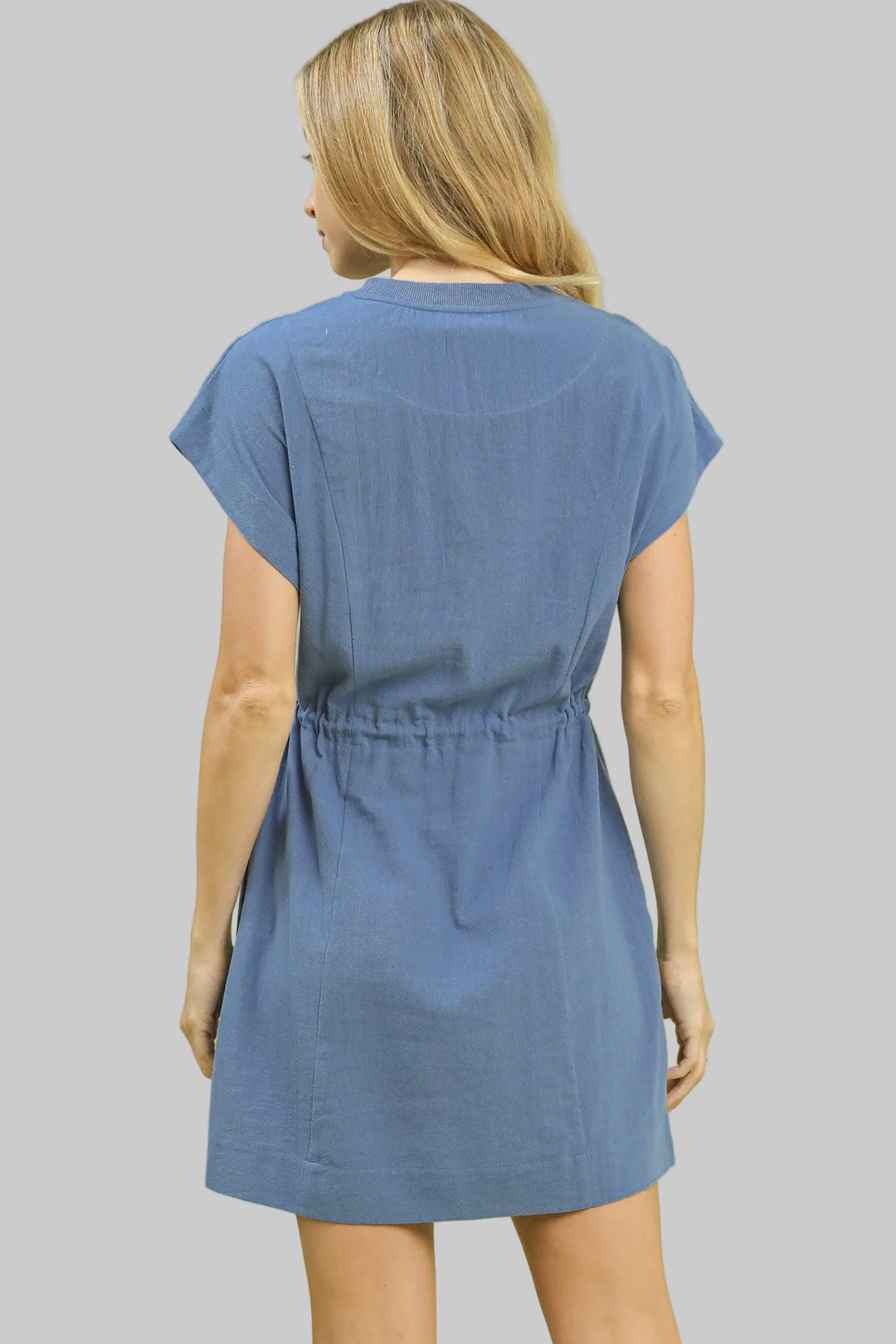 FLORAL EMBROIDERED DRAWSTRING WAIST SHORT DRESS - DENIM
