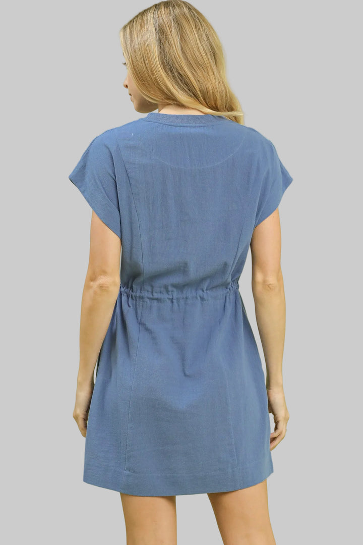 FLORAL EMBROIDERED DRAWSTRING WAIST SHORT DRESS - DENIM
