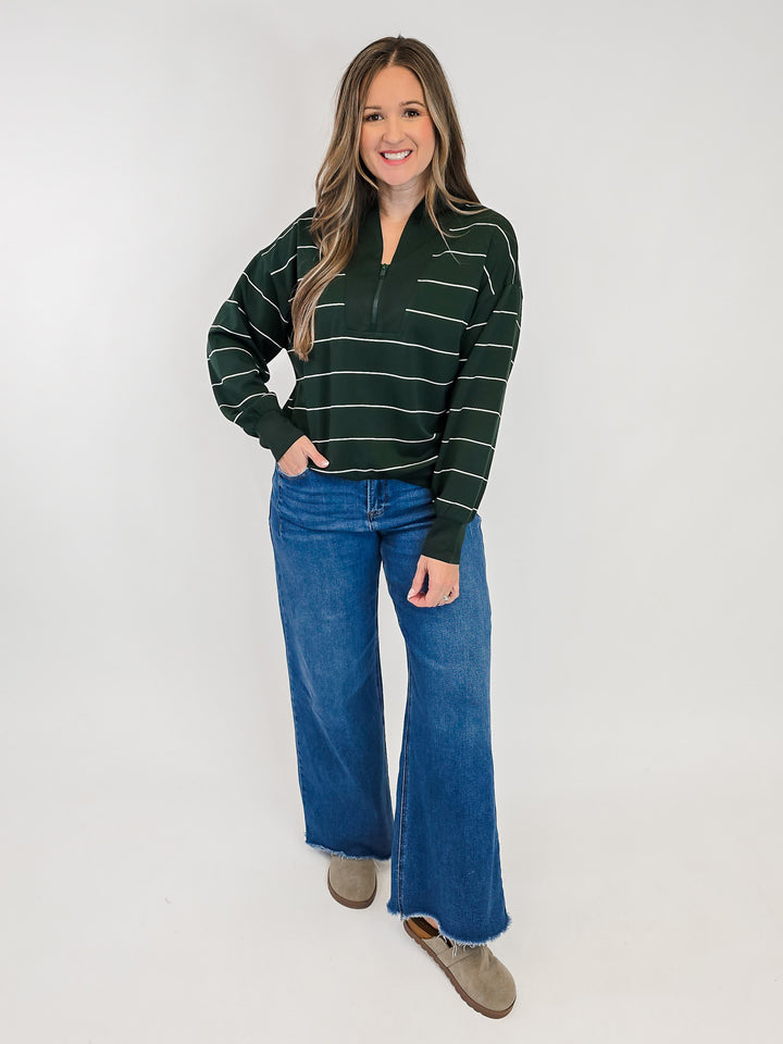 MODAL SCUBA STRIPED V-NECK PULLOVER - DARK GREEN/CREAM