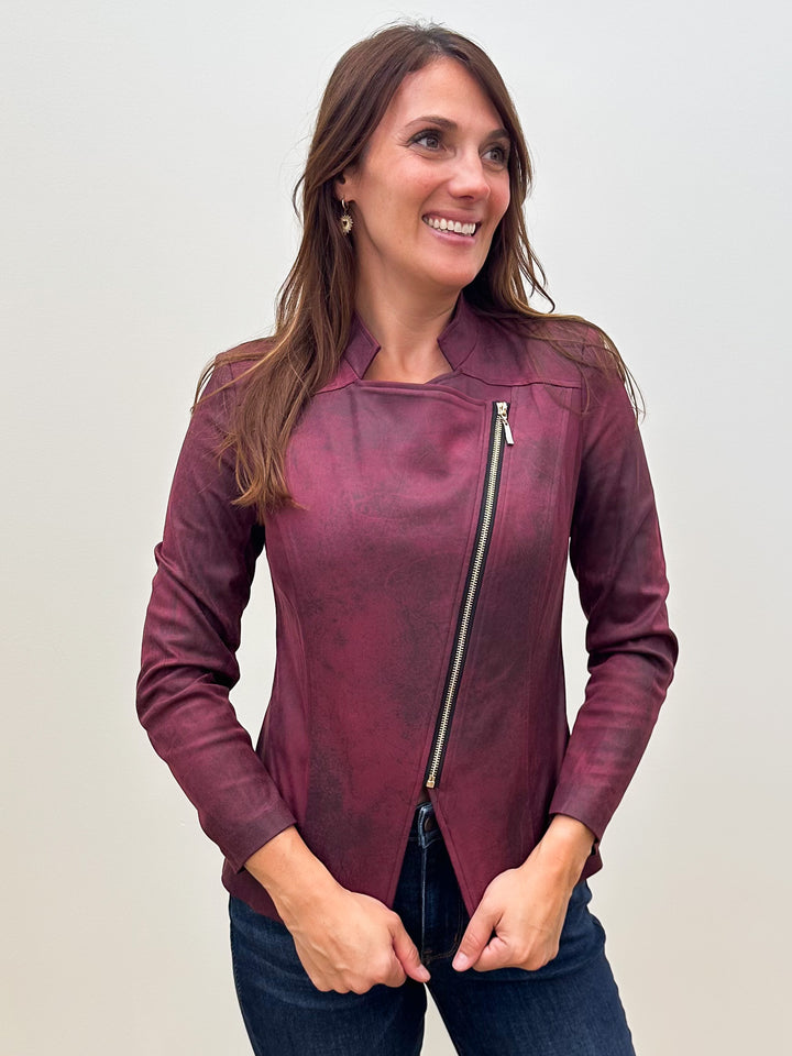 ASYMMETRICAL ZIP UP SUEDE JACKET - BURGUNDY