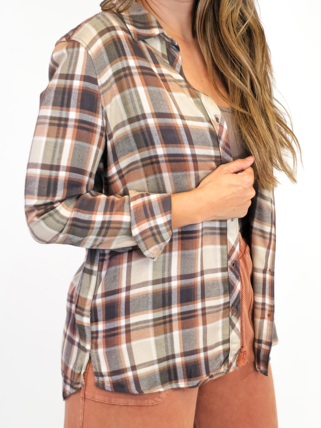 LONG SLEEVE BUTTON FRONT CLASSIC FLANNEL - BURNT ORANGE/SAGE