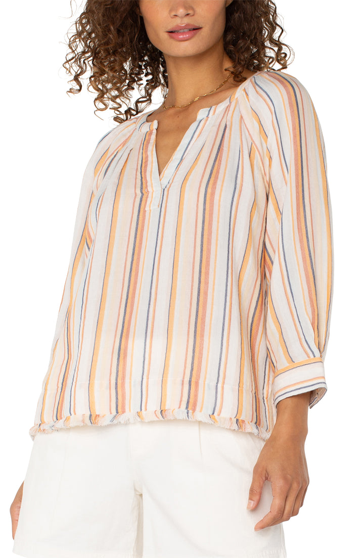 3/4 SLEEVE PLEATED RAGLAN WOVEN TOP W/FRAY HEM - ORANGE STRIPE
