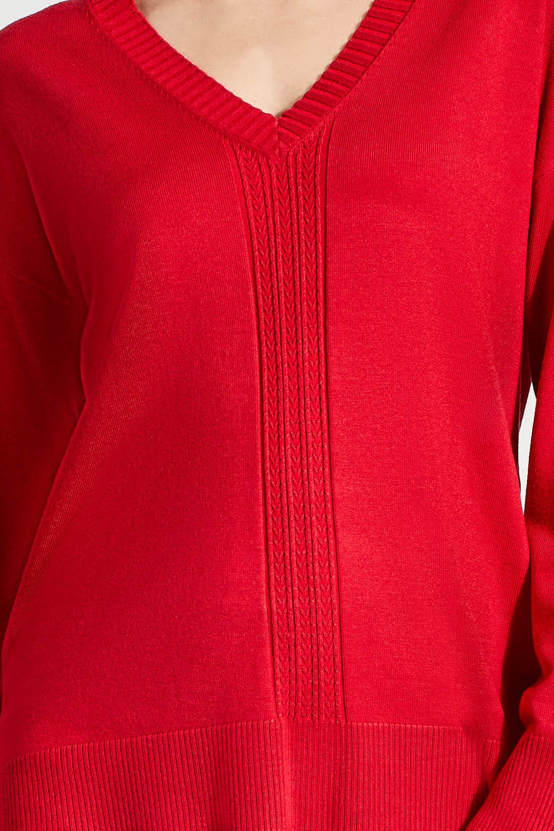 LONG SLEEVE V-NECK SWEATER W/CABLES - SCARLET