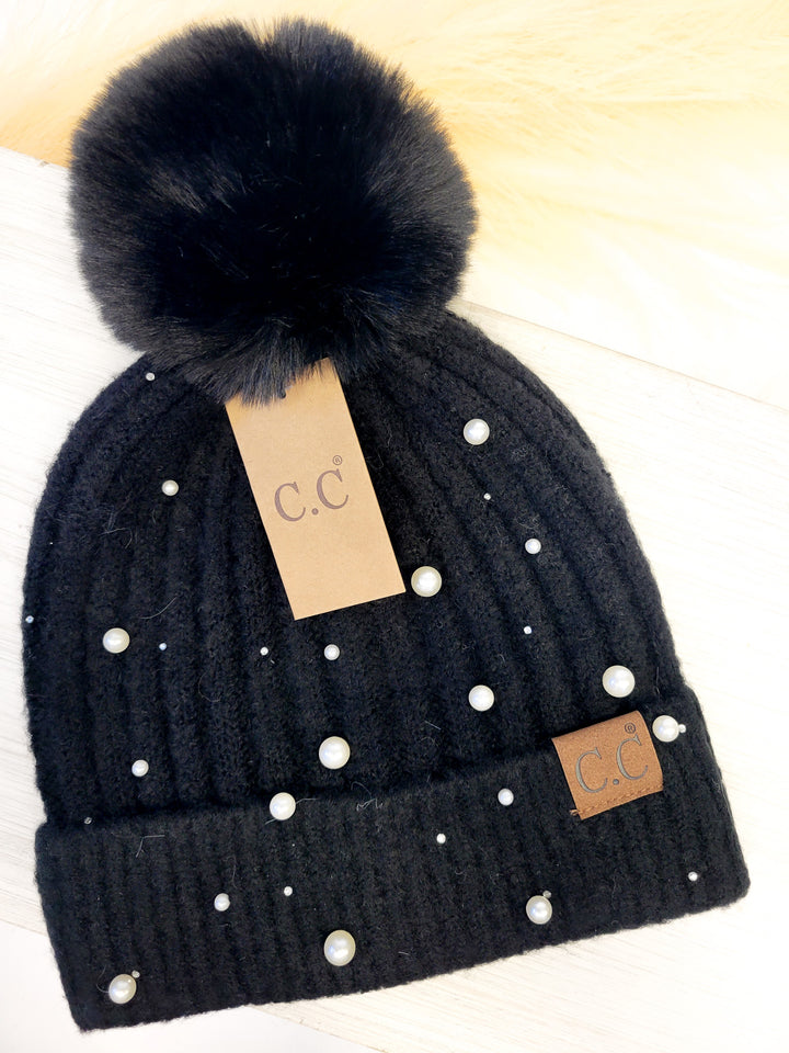 PEARL POM BEANIE HAT , BLACK