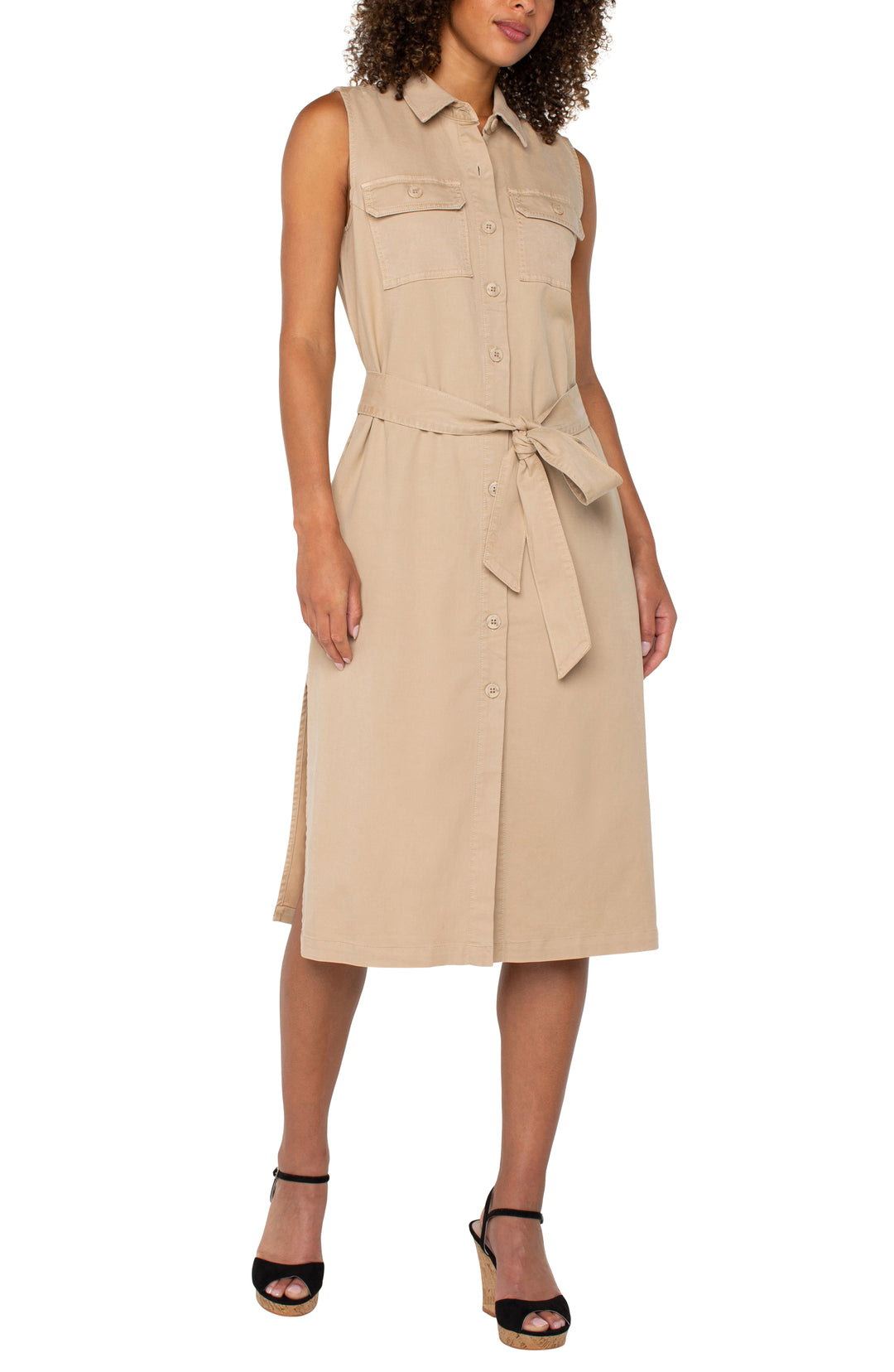 SLEEVELESS SHIRT DRESS W/SLITS - CAPPUCCINO
