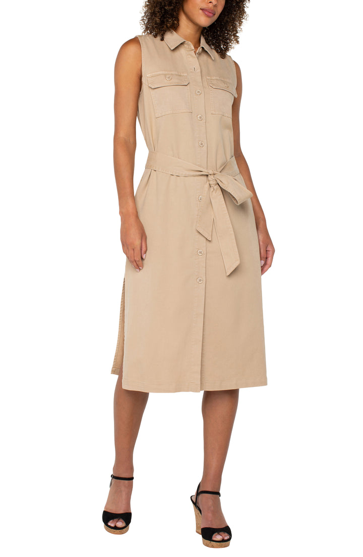 SLEEVELESS SHIRT DRESS W/SLITS - CAPPUCCINO