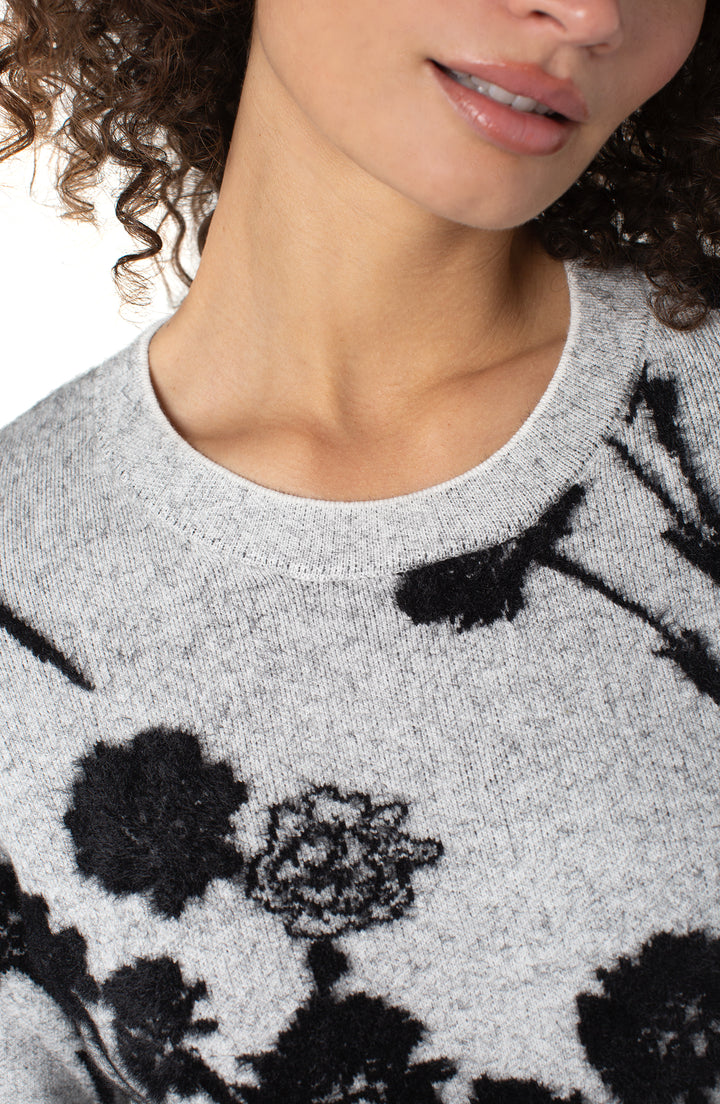 LONG SLEEVE CREW NECK SWEATER - LIGHT GREY BLACK FLORAL